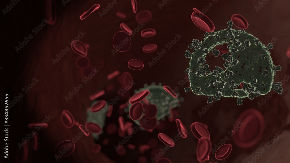 Poster microscopic 3d rendering view of virus shaped as symbol of globe asia inside vein with red blood cel