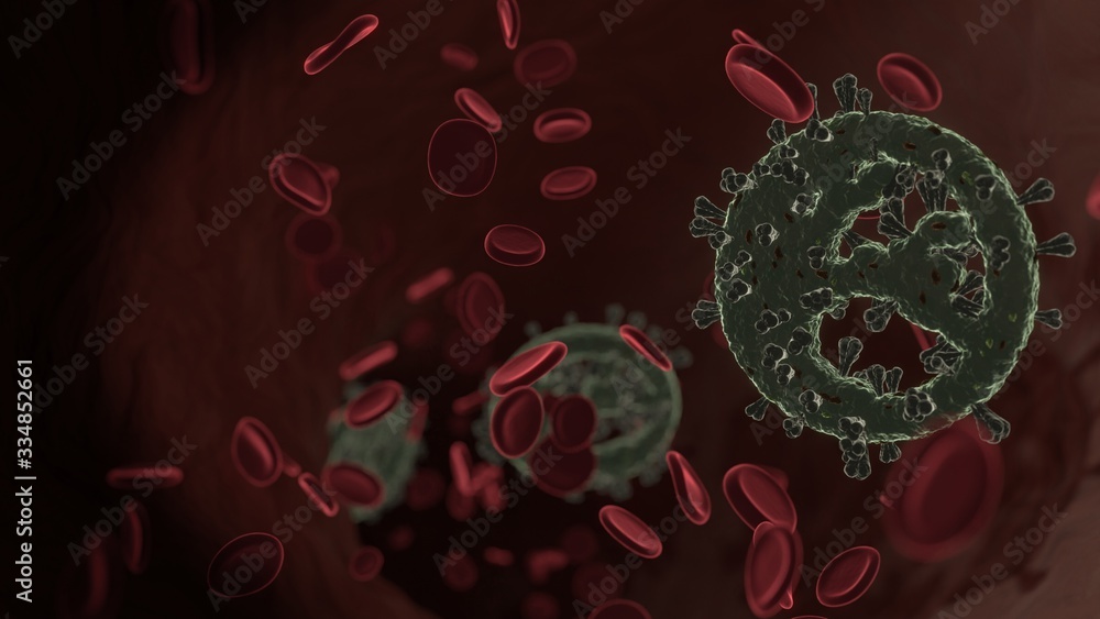 Poster microscopic 3d rendering view of virus shaped as symbol of globe europe inside vein with red blood c