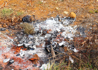 burned out, extinguished fire, remains, ashes on the ground