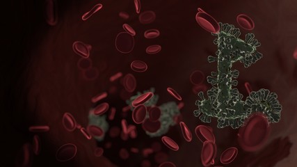 microscopic 3D rendering view of virus shaped as symbol of golf inside vein with red blood cells