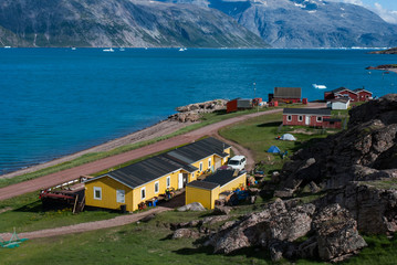 Obraz premium View of Narsarsuaq and fjord from above hill. Greenland