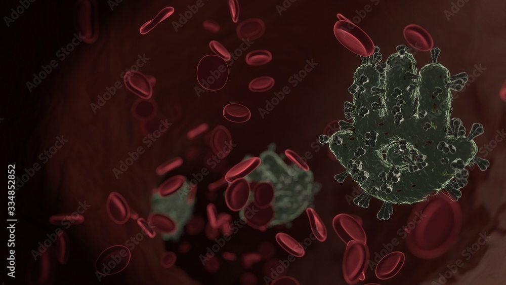 Poster microscopic 3d rendering view of virus shaped as symbol of hamsa inside vein with red blood cells