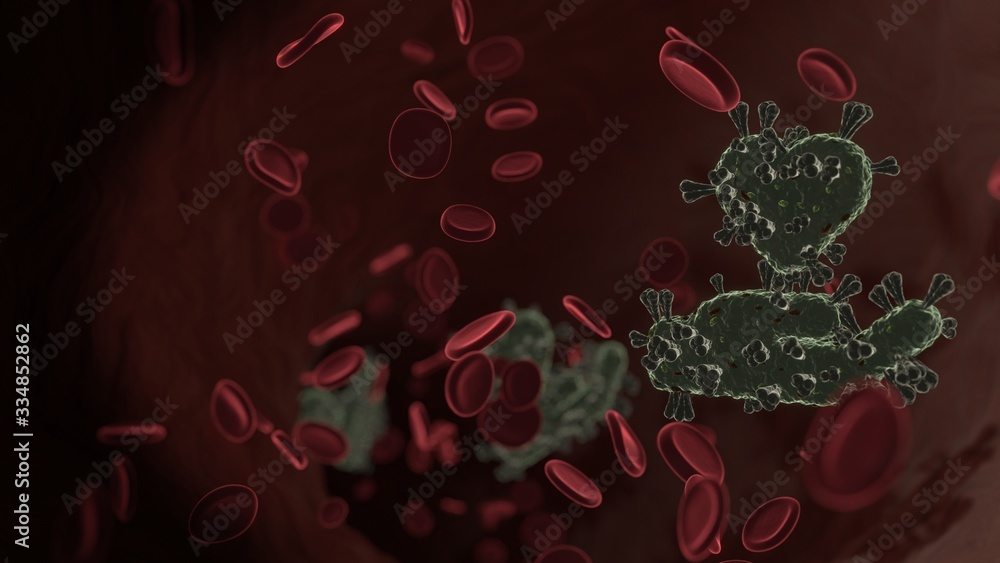 Poster microscopic 3d rendering view of virus shaped as symbol of hand holding heart inside vein with red b