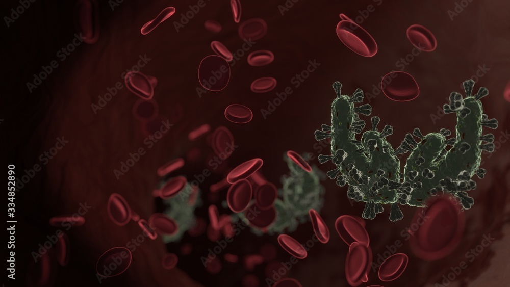 Poster microscopic 3d rendering view of virus shaped as symbol of hands inside vein with red blood cells