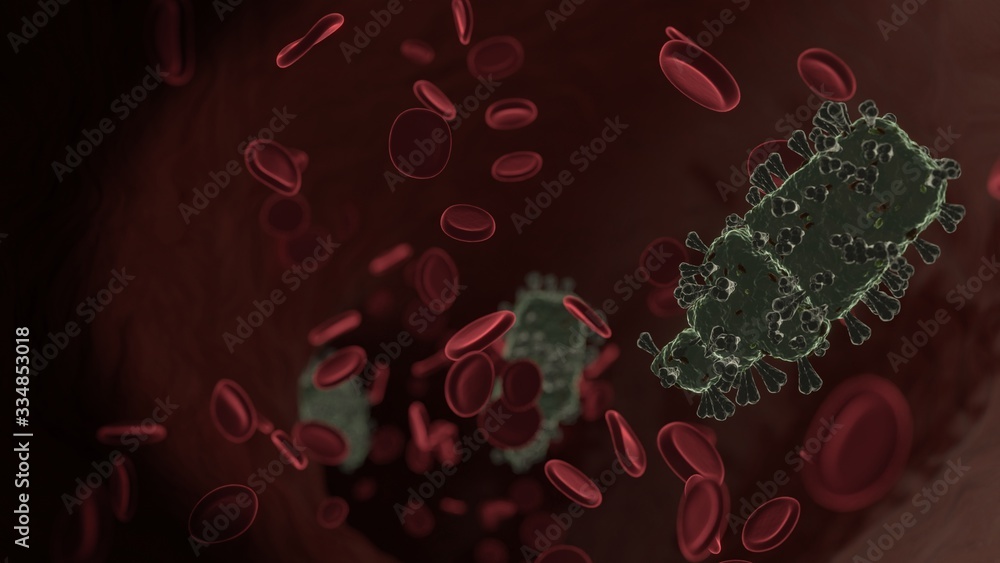 Poster microscopic 3d rendering view of virus shaped as symbol of highlighter inside vein with red blood ce