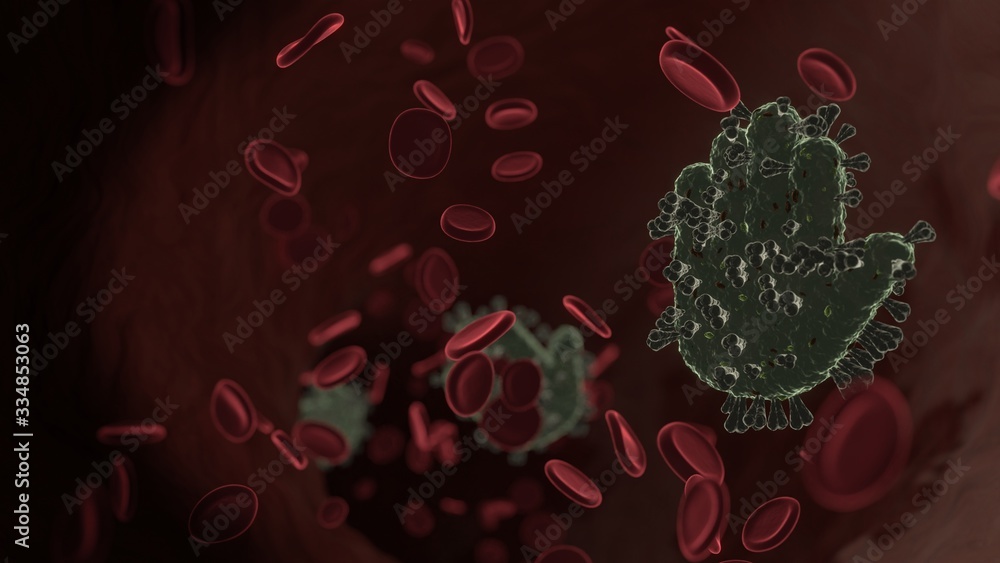 Poster microscopic 3d rendering view of virus shaped as symbol of hold inside vein with red blood cells