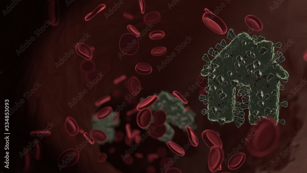 Poster microscopic 3d rendering view of virus shaped as symbol of home inside vein with red blood cells