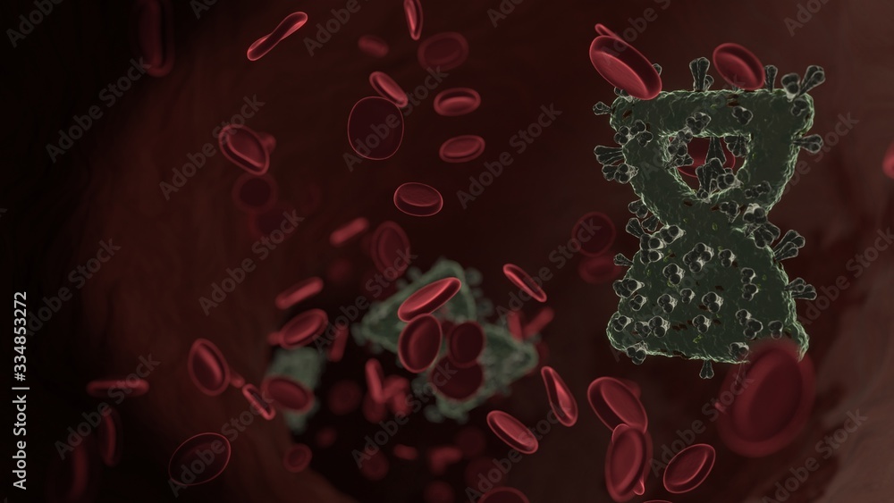 Poster microscopic 3d rendering view of virus shaped as symbol of hourglass end inside vein with red blood 