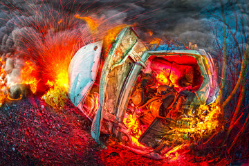 Burning car after an accident