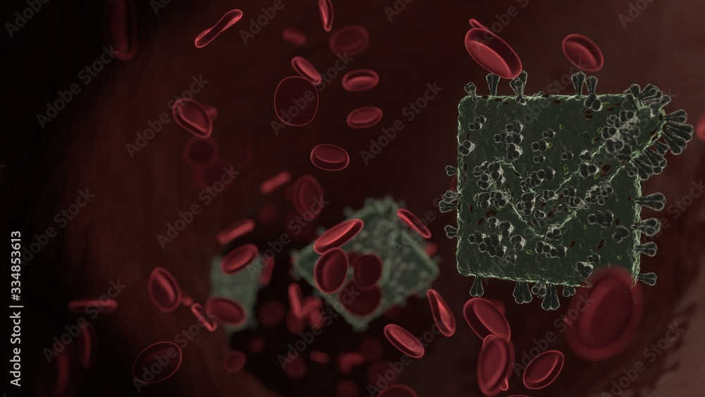 Poster microscopic 3d rendering view of virus shaped as symbol of checked inside vein with red blood cells