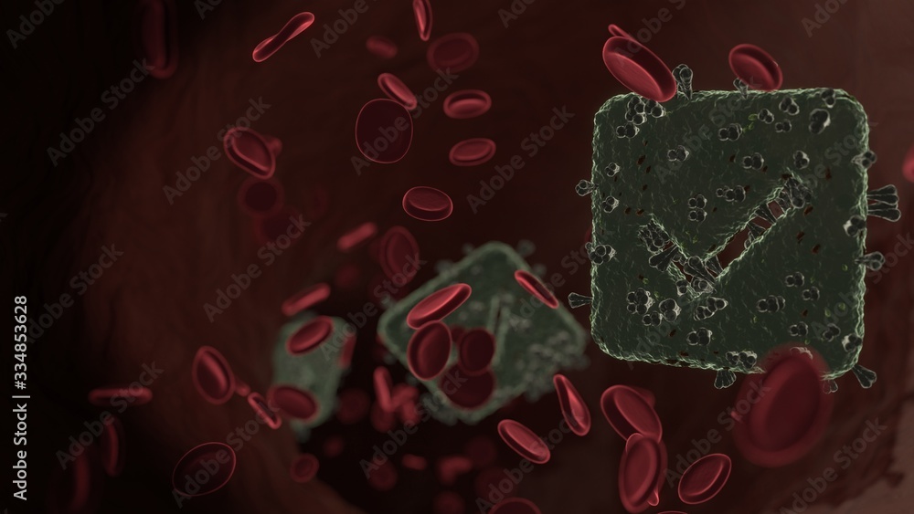 Poster microscopic 3d rendering view of virus shaped as symbol of check square inside vein with red blood c