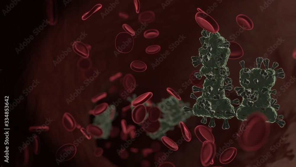 Poster microscopic 3d rendering view of virus shaped as symbol of chess inside vein with red blood cells