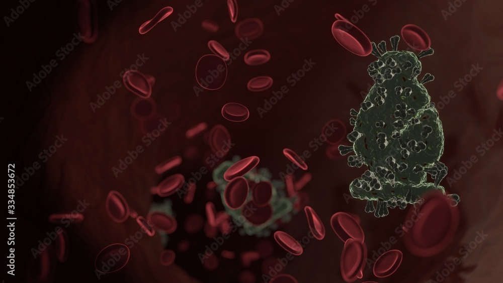 Poster microscopic 3d rendering view of virus shaped as symbol of chess bishop inside vein with red blood c