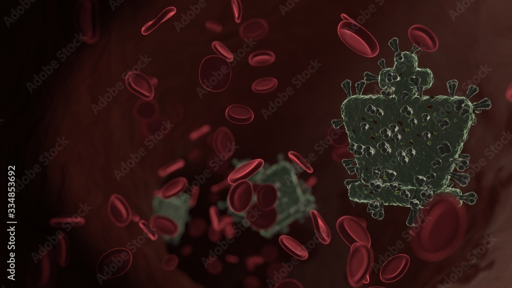 Poster microscopic 3d rendering view of virus shaped as symbol of chess king inside vein with red blood cel