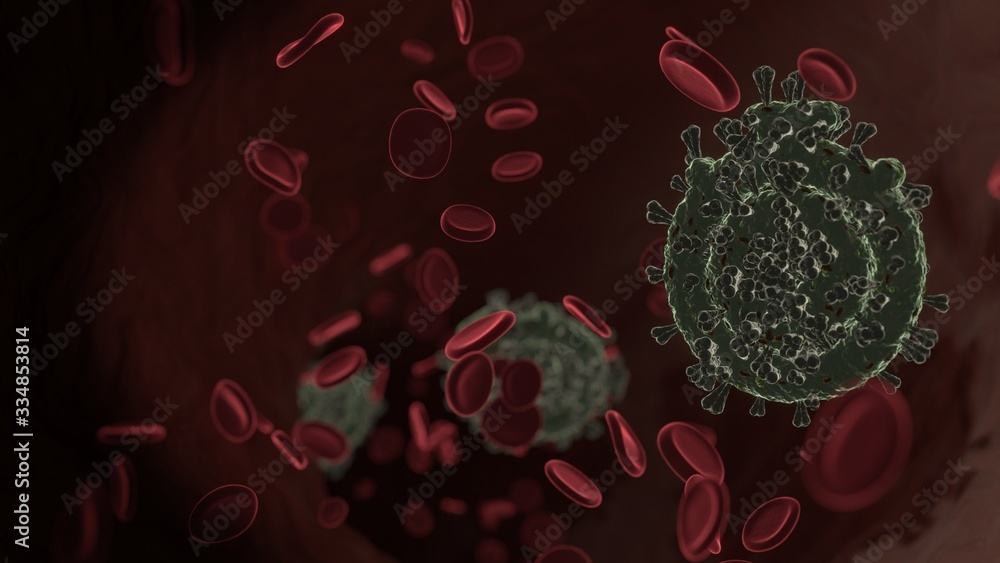 Poster microscopic 3d rendering view of virus shaped as symbol of chronometer inside vein with red blood ce