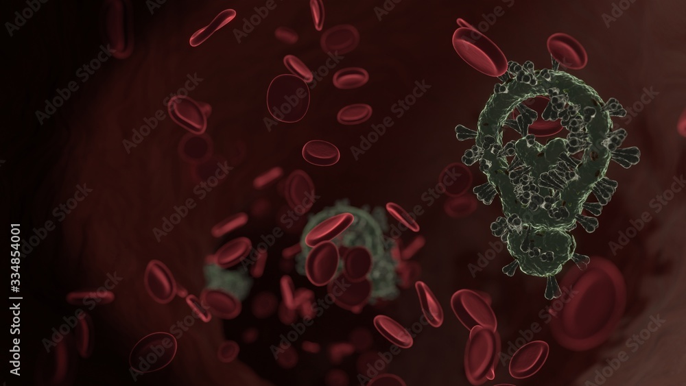Poster microscopic 3d rendering view of virus shaped as symbol of idea inside vein with red blood cells