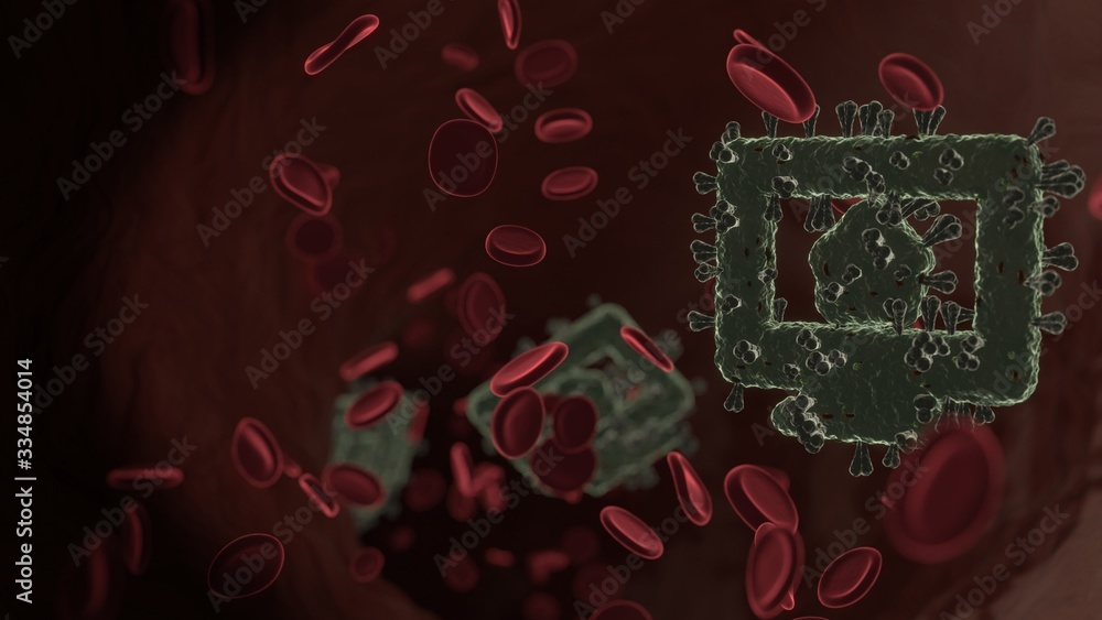 Poster microscopic 3d rendering view of virus shaped as symbol of imac inside vein with red blood cells