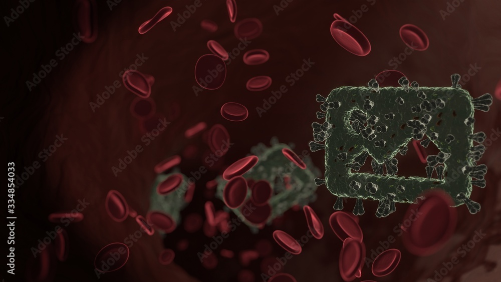 Poster microscopic 3d rendering view of virus shaped as symbol of image inside vein with red blood cells
