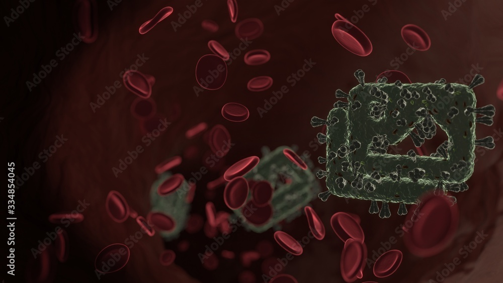 Poster microscopic 3d rendering view of virus shaped as symbol of images inside vein with red blood cells