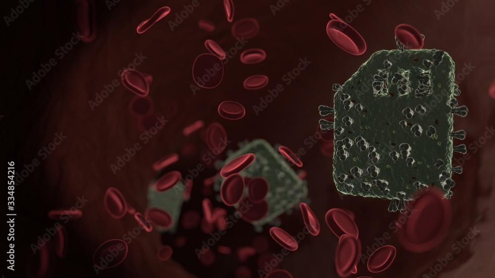 Poster microscopic 3d rendering view of virus shaped as symbol of interface inside vein with red blood cell