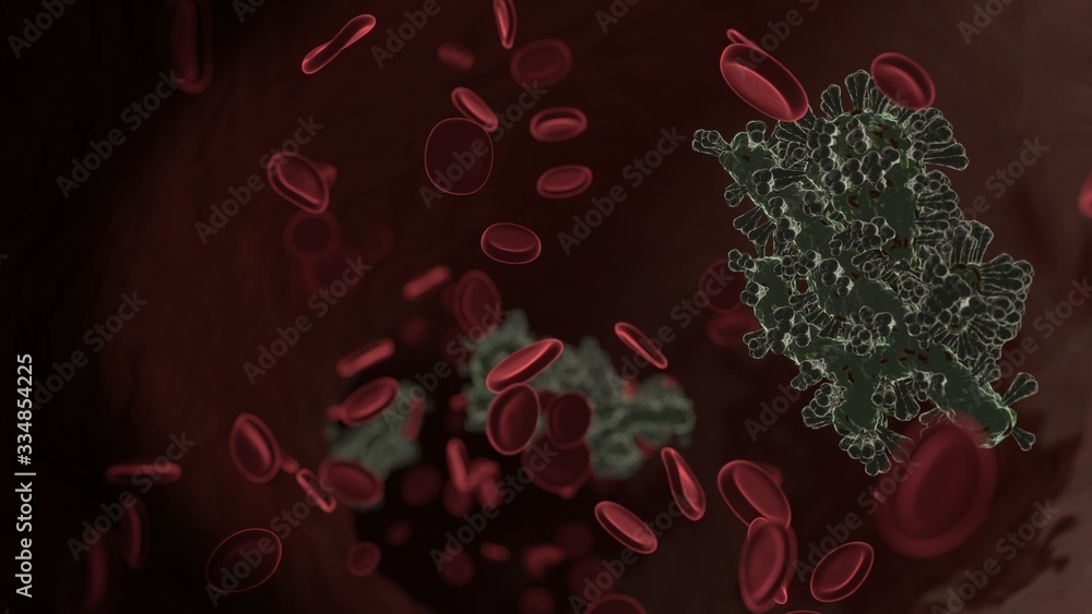 Poster microscopic 3d rendering view of virus shaped as symbol of interface inside vein with red blood cell