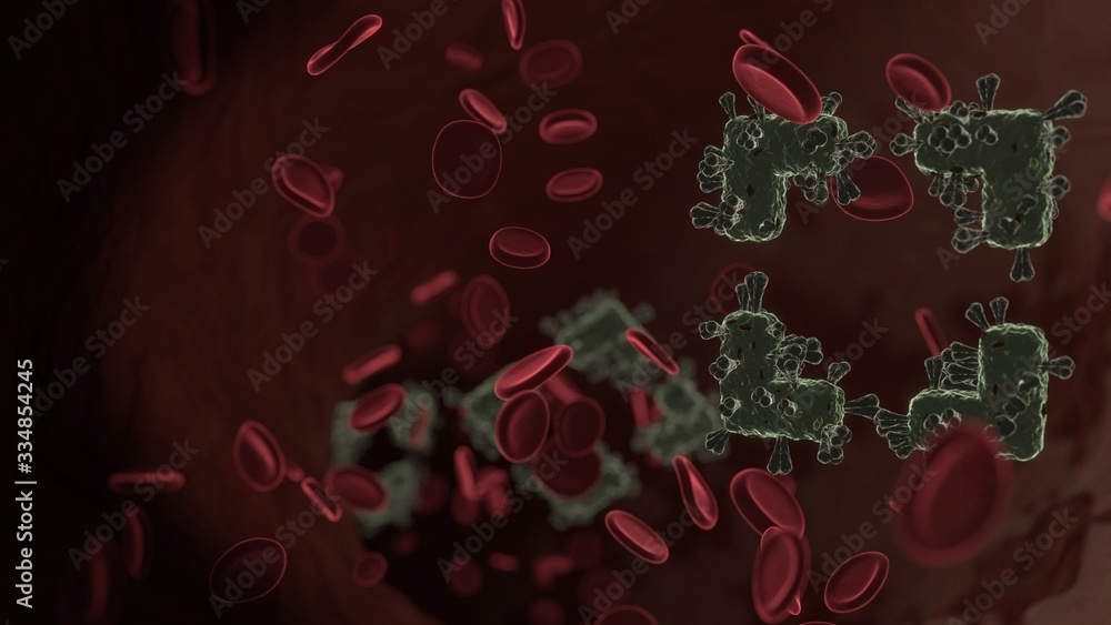 Poster microscopic 3d rendering view of virus shaped as symbol of interface inside vein with red blood cell