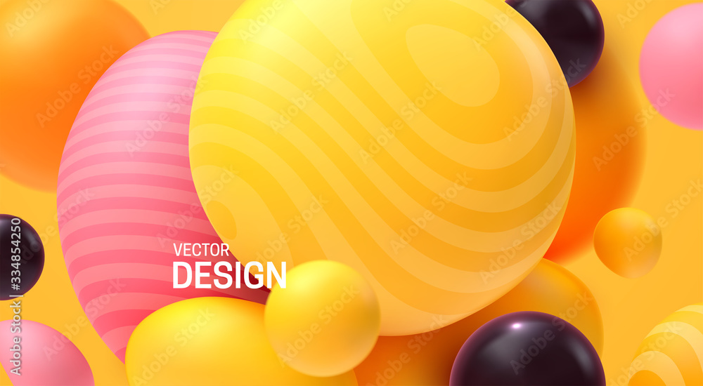 Poster abstract background with dynamic 3d spheres. plastic colorful bubbles. vector illustration of glossy