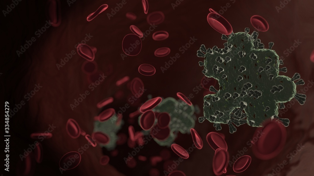 Poster microscopic 3d rendering view of virus shaped as symbol of interface inside vein with red blood cell