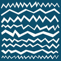 Set of a white broken zigzag line. Wide strokes isolated on blue. Irregular elements. Square tile, modern design style. Line curve with sharp corners. Asymmetrical horizontal line. Paper cut line