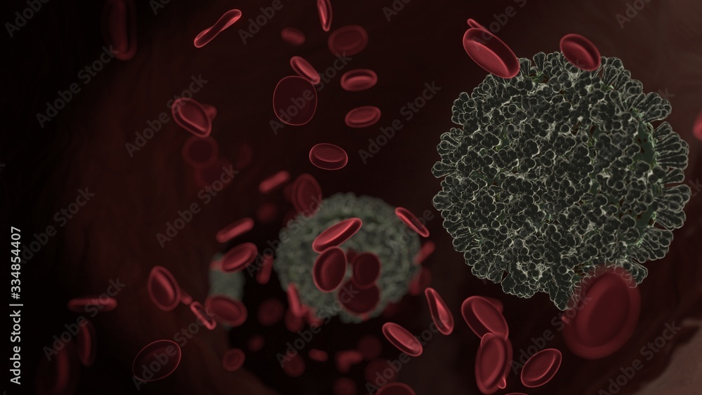 Poster microscopic 3d rendering view of virus shaped as symbol of internet inside vein with red blood cells