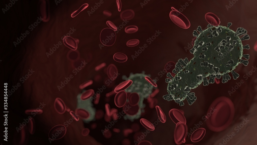 Poster microscopic 3d rendering view of virus shaped as symbol of key inside vein with red blood cells