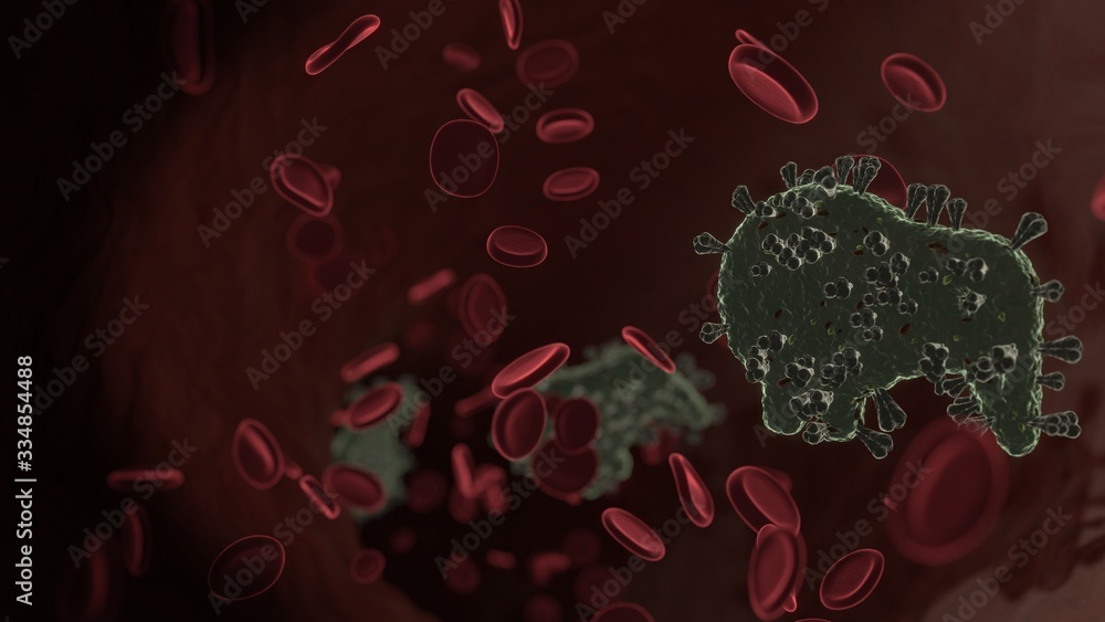 Poster microscopic 3d rendering view of virus shaped as symbol of kiwi bird inside vein with red blood cell