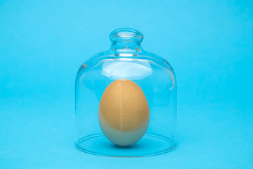 Egg under glass cover isolation easter stay at home concept.