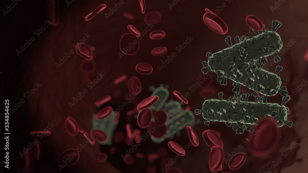Poster microscopic 3d rendering view of virus shaped as symbol of less than equal inside vein with red bloo