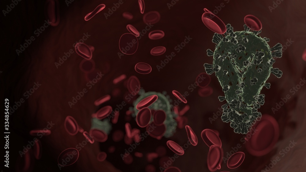 Poster microscopic 3d rendering view of virus shaped as symbol of light bulb inside vein with red blood cel