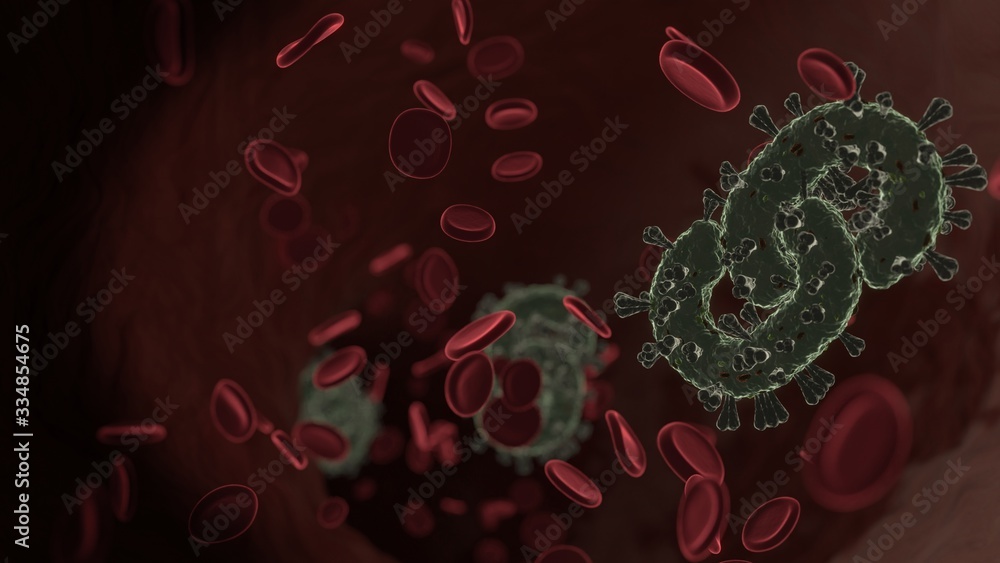 Poster microscopic 3d rendering view of virus shaped as symbol of link inside vein with red blood cells