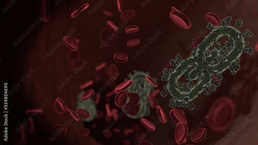 Poster microscopic 3d rendering view of virus shaped as symbol of link inside vein with red blood cells