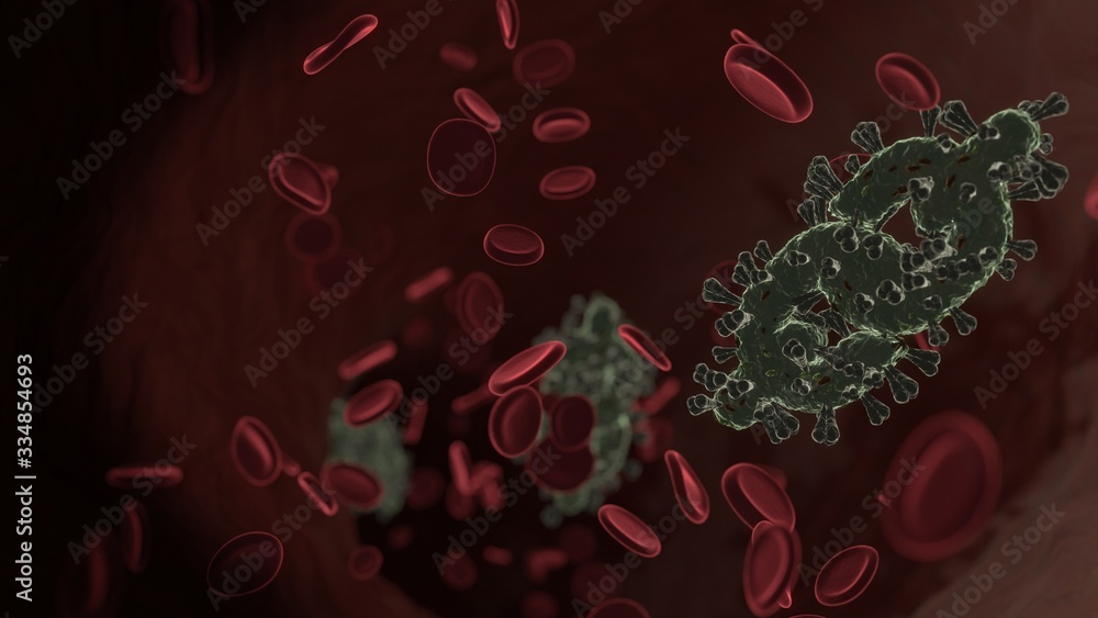 Poster microscopic 3d rendering view of virus shaped as symbol of link inside vein with red blood cells
