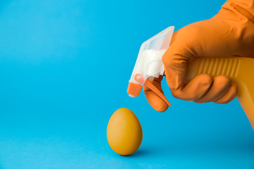 Hand in gloves using disinfectant to disinfect easter egg. Holidays during covid-19 pandemic.