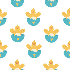 Fototapeta premium Seamless pattern with easter eggs and chickens. Yellow happy chick.Suitable for fabric and wallpaper.