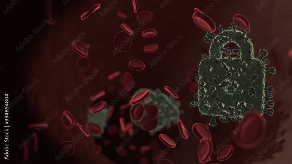 Poster microscopic 3d rendering view of virus shaped as symbol of locked padlock inside vein with red blood
