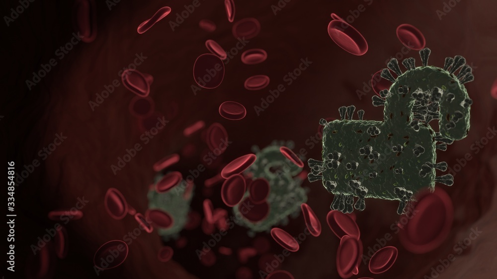 Poster microscopic 3d rendering view of virus shaped as symbol of lock open inside vein with red blood cell