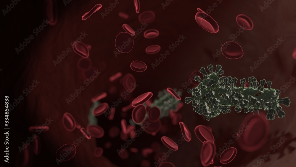 Poster microscopic 3d rendering view of virus shaped as symbol of long arrow left inside vein with red bloo