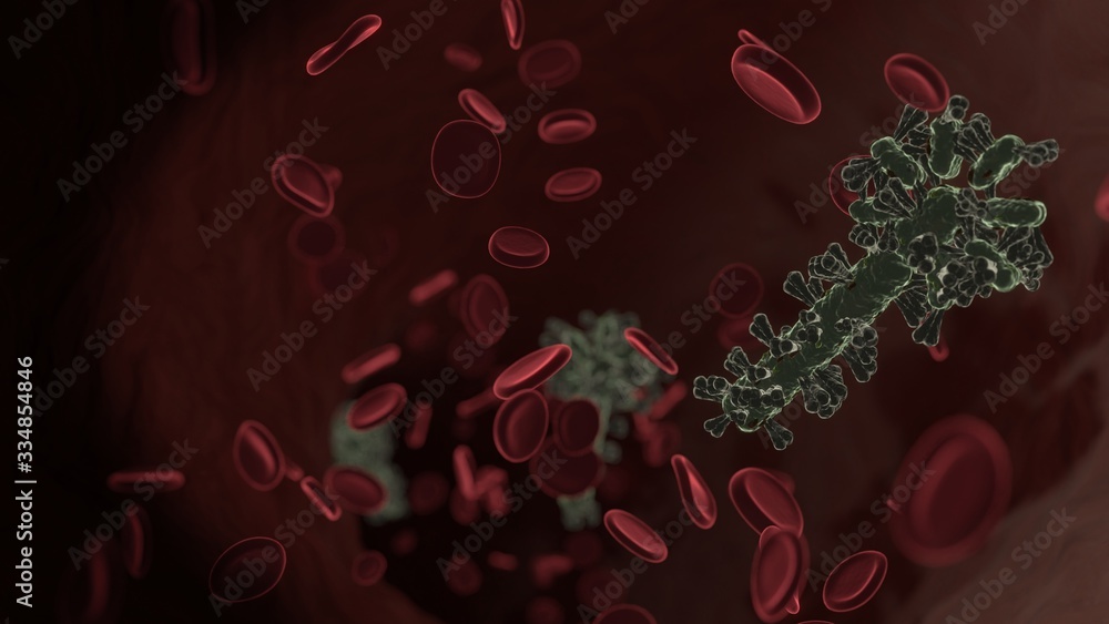 Poster microscopic 3d rendering view of virus shaped as symbol of magic wand inside vein with red blood cel