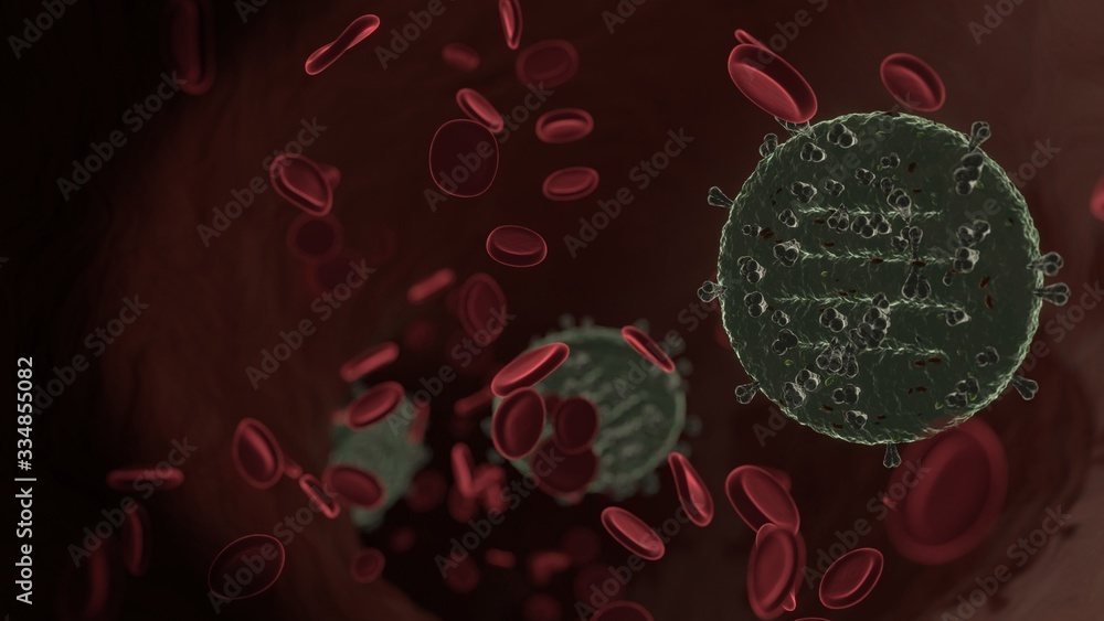 Poster microscopic 3d rendering view of virus shaped as symbol of menu inside vein with red blood cells