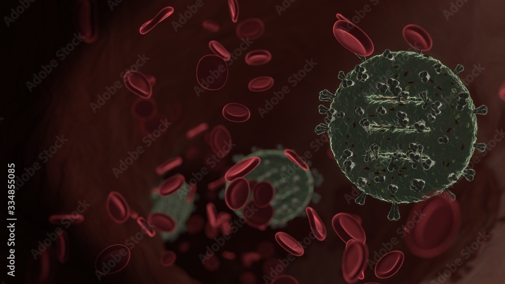 Poster microscopic 3d rendering view of virus shaped as symbol of menu inside vein with red blood cells
