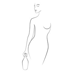 Nude woman with a bottle in her hand one line drawing on white isolated background. Vector illustration 