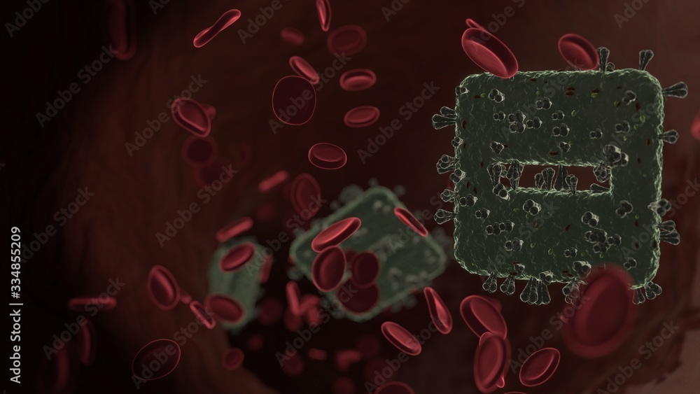 Poster microscopic 3d rendering view of virus shaped as symbol of minus square inside vein with red blood c
