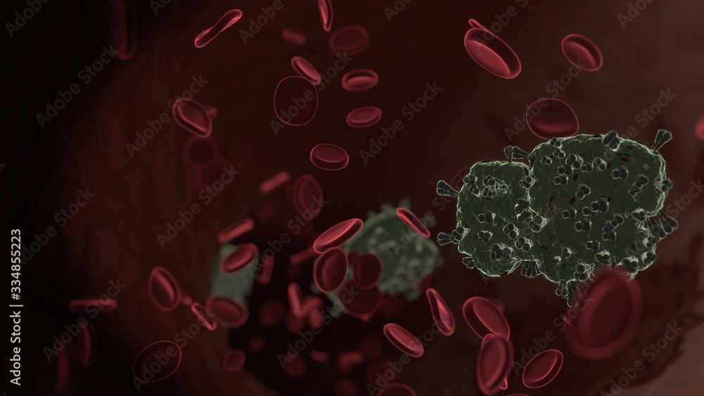 Poster microscopic 3d rendering view of virus shaped as symbol of mixer inside vein with red blood cells