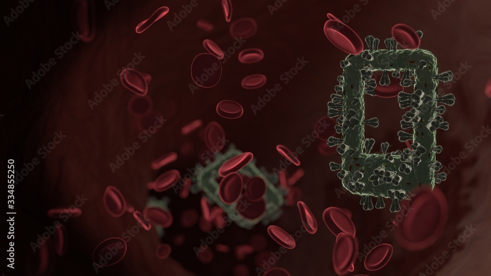 Poster microscopic 3d rendering view of virus shaped as symbol of mobile inside vein with red blood cells